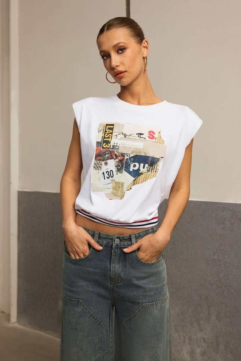 Car Letter Digital Pattern Print Loose Sleeveless T-Shirt - MISMIMCWTS2503100020-WHITE-XS