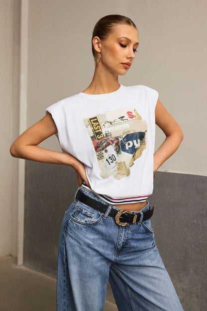 Car Letter Digital Pattern Print Loose Sleeveless T-Shirt - MISMIMCWTS2503100020-WHITE-XS