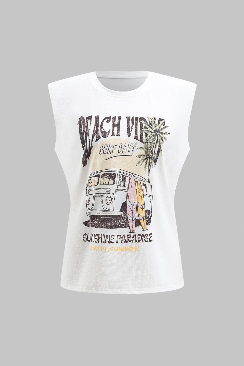 Coconut Palm Car Letter Print Tank Top - MISMIMCWTT2501230111-WHITE-XS