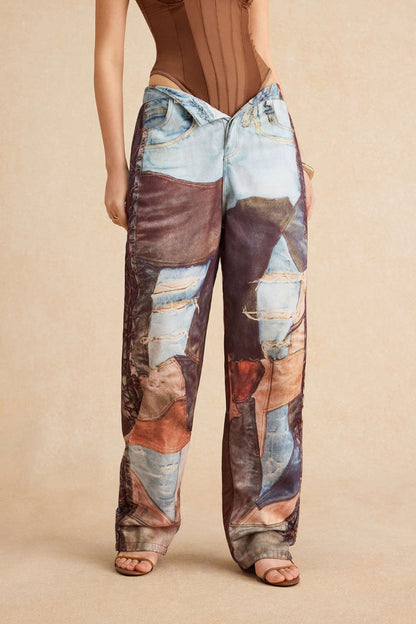 Color Block Button Wide Leg Trousers - MISMIMCWBT2412040020-MULTICOLOR-S