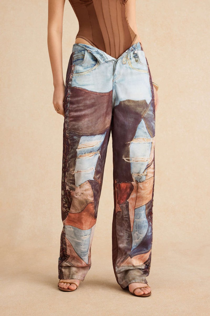 Color Block Button Wide Leg Trousers - MISMIMCWBT2412040020-MULTICOLOR-S