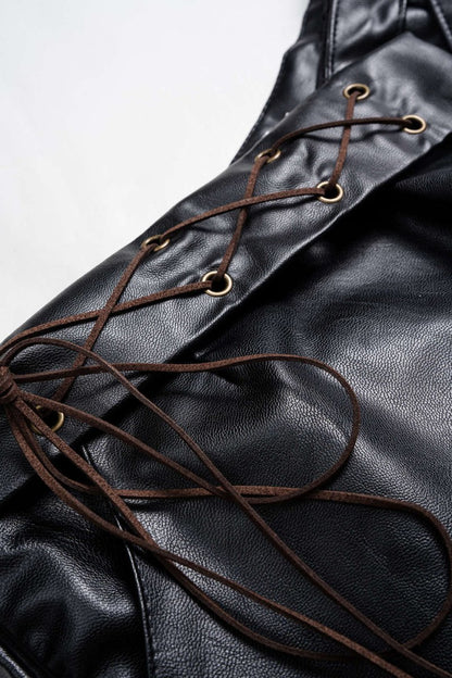 Color Block Plaid Print Faux Leather Patchwork Tie - Up Asymmetrical Pocket Skirt - MISMIMCWBK2509160042-Contrast Color-XS