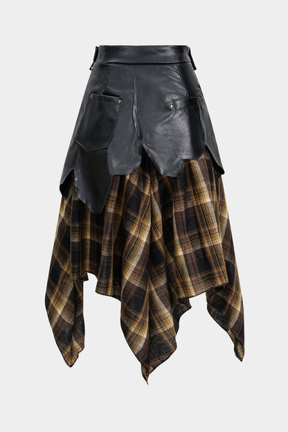 Color Block Plaid Print Faux Leather Patchwork Tie - Up Asymmetrical Pocket Skirt - MISMIMCWBK2509160042-Contrast Color-XS