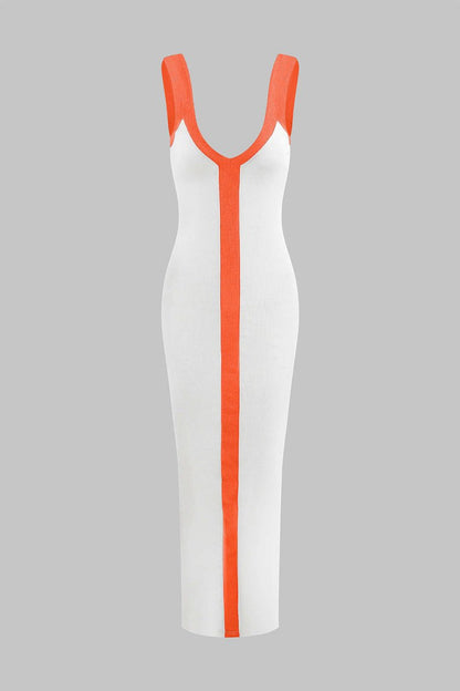 Colorblock V - neck Ribbed Split Maxi Dress - MISMIMCWKD2310120106-ORANGE-XS