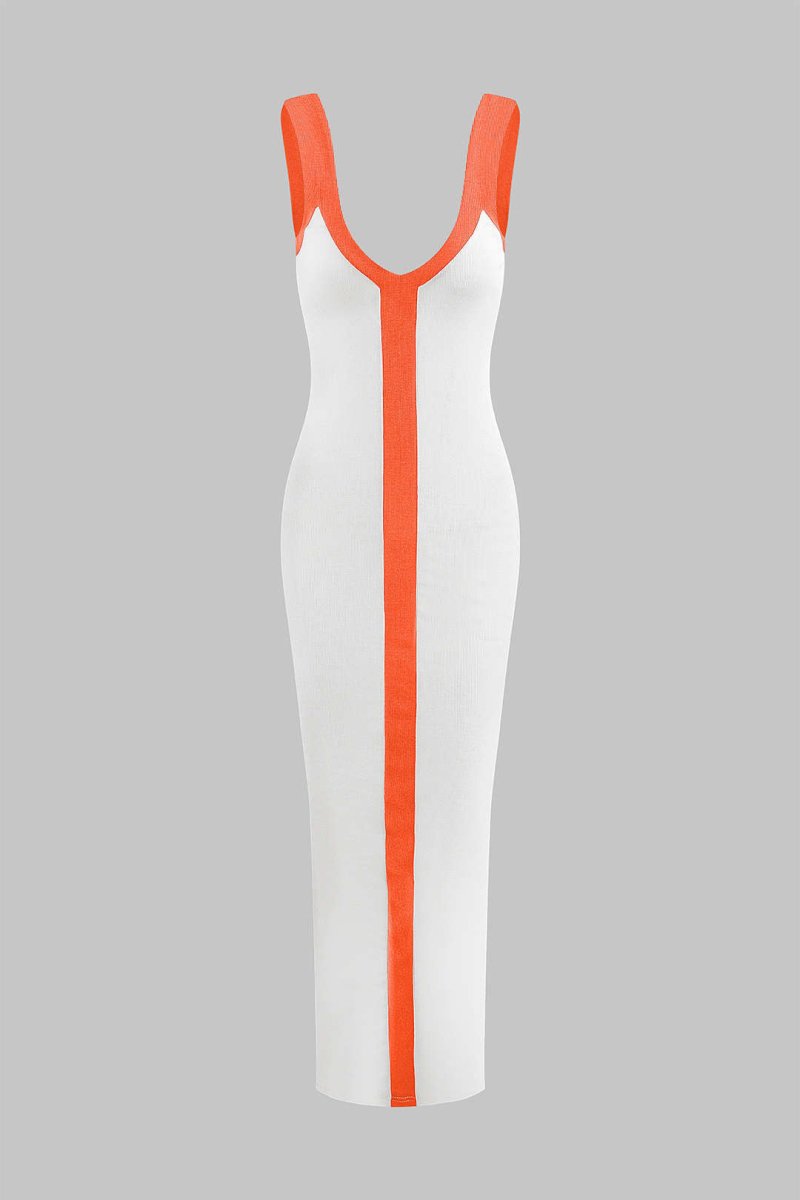 Colorblock V - neck Ribbed Split Maxi Dress - MISMIMCWKD2310120106-ORANGE-XS
