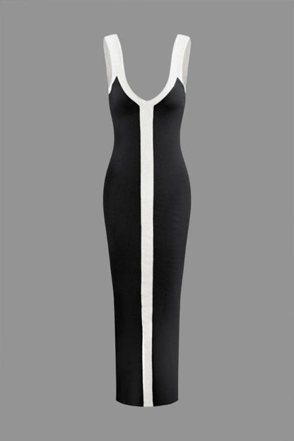 Colorblock V - neck Ribbed Split Maxi Dress - MISMIMCWKD2310120106-BLACK-XS
