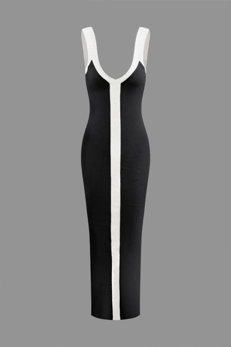 Colorblock V - neck Ribbed Split Maxi Dress - MISMIMCWKD2310120106-BLACK-XS