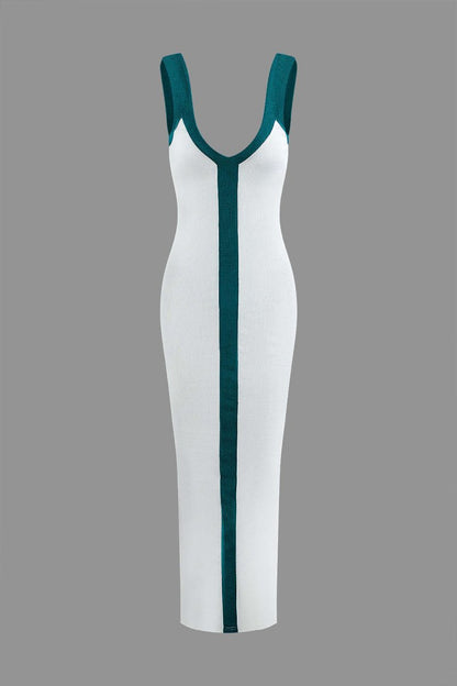 Colorblock V - neck Ribbed Split Maxi Dress - MISMIMCWKD2310120106-BROWN-XS