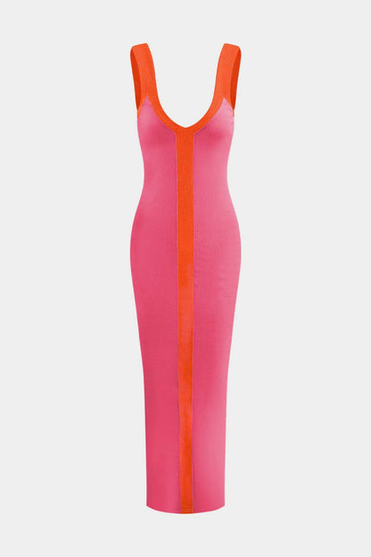Colorblock V - neck Ribbed Split Maxi Dress - MISMIMCWKD2310120106-RASPBERRY-XS
