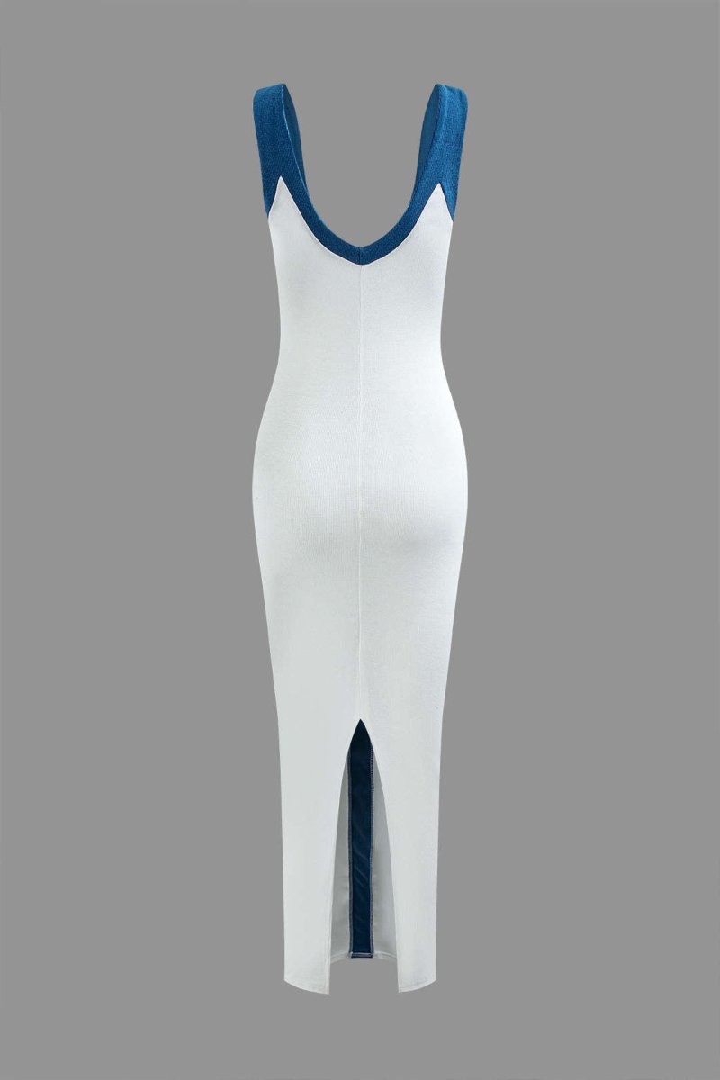 Colorblock V - neck Ribbed Split Maxi Dress - MISMIMCWKD2310120106-Contrast Color-XS