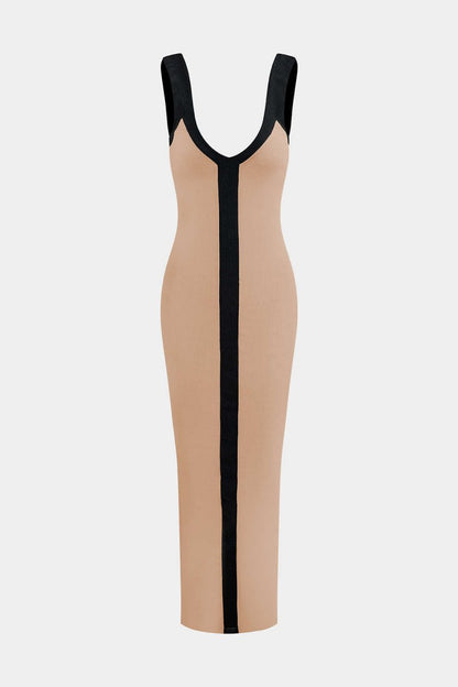 Colorblock V - neck Ribbed Split Maxi Dress - MISMIMCWKD2310120106-TAN-XS