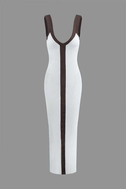 Colorblock V - neck Ribbed Split Maxi Dress - MISMIMCWKD2310120106-BROWN-XS