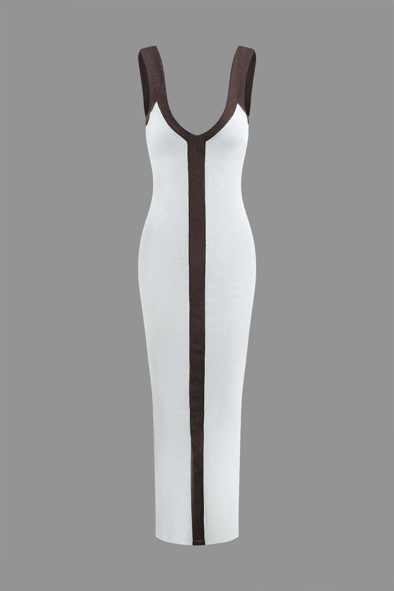 Colorblock V - neck Ribbed Split Maxi Dress - MISMIMCWKD2310120106-BROWN-XS