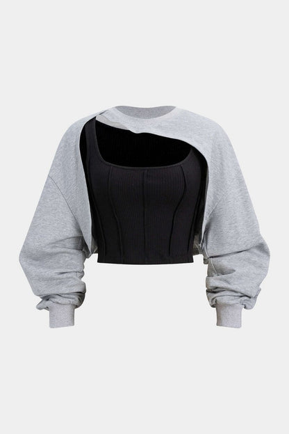 Contrast Asymmetrical Long Sleeve Sweatshirt - MISMIMCWSS2510210078-SMOKE-XS