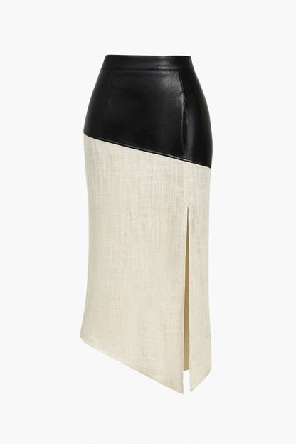 Contrast Faux Leather And Linen Slit Asymmetrical Skirt - MISMIMCWBK2409030002-BEIGE-XXS