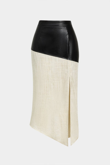 Contrast Faux Leather And Linen Slit Asymmetrical Skirt - MISMIMCWBK2409030002-BEIGE-XXS