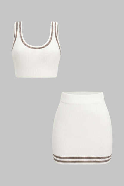 Contrast Knit Cami Top And Skirt Set - MISMIMCWKC2505280153-WHITE-S