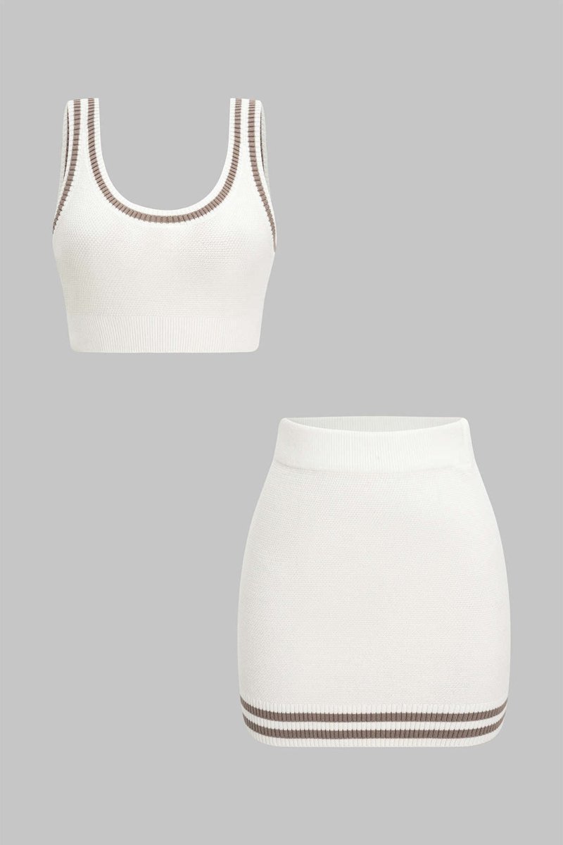 Contrast Knit Cami Top And Skirt Set - MISMIMCWKC2505280153-WHITE-S