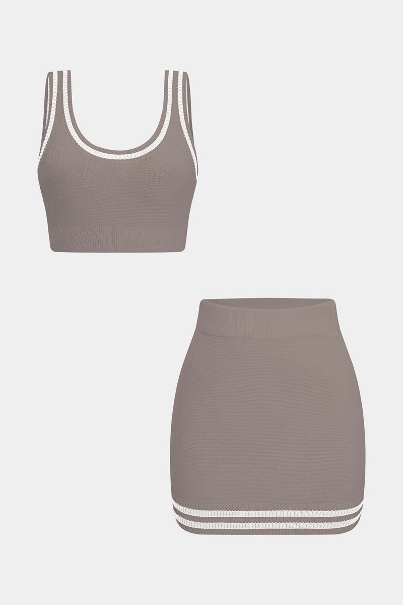Contrast Knit Cami Top And Skirt Set - MISMIMCWKC2505280153-KHAKI-S