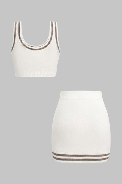 Contrast Knit Cami Top And Skirt Set - MISMIMCWKC2505280153-WHITE-S