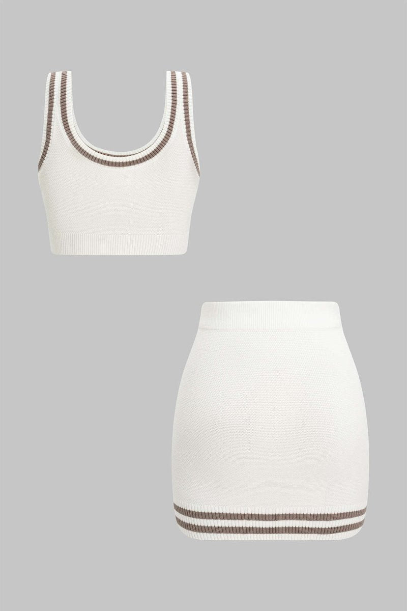 Contrast Knit Cami Top And Skirt Set - MISMIMCWKC2505280153-WHITE-S