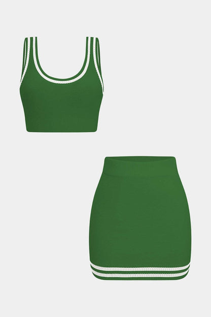 Contrast Knit Cami Top And Skirt Set - MISMIMCWKC2505280153-GREEN-S