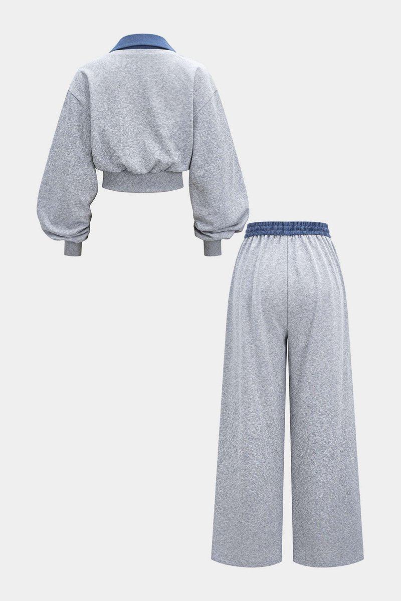 Contrast Patchwork Long - Sleeve Top And Shirred Waistband Drawstring Trousers Set - MISMIMCWSC2509150017-GRAY-XS