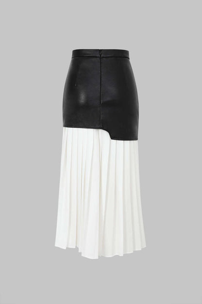 Contrast Pleated Faux Leather Midi Skirt - MISMIMCWBK2211070001-WHITE-XS