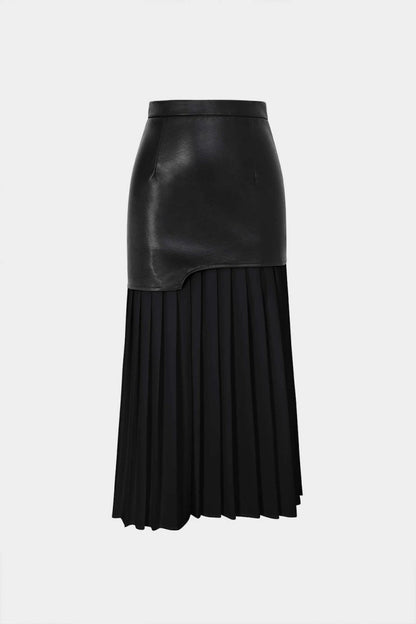 Contrast Pleated Faux Leather Midi Skirt - MISMIMCWBK2211070001-BLACK-XS