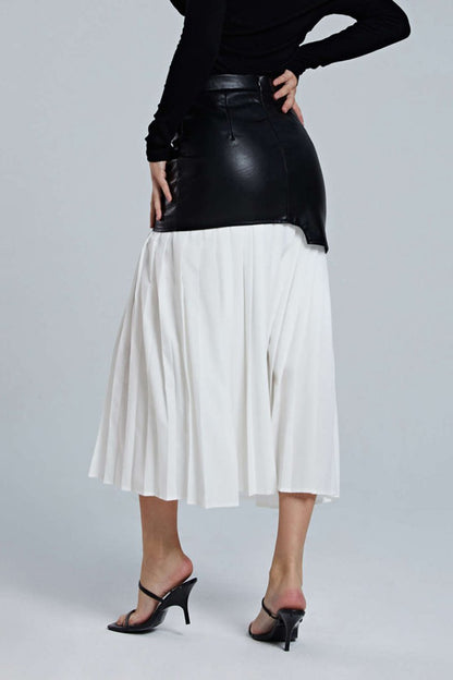 Contrast Pleated Faux Leather Midi Skirt - MISMIMCWBK2211070001-WHITE-XS