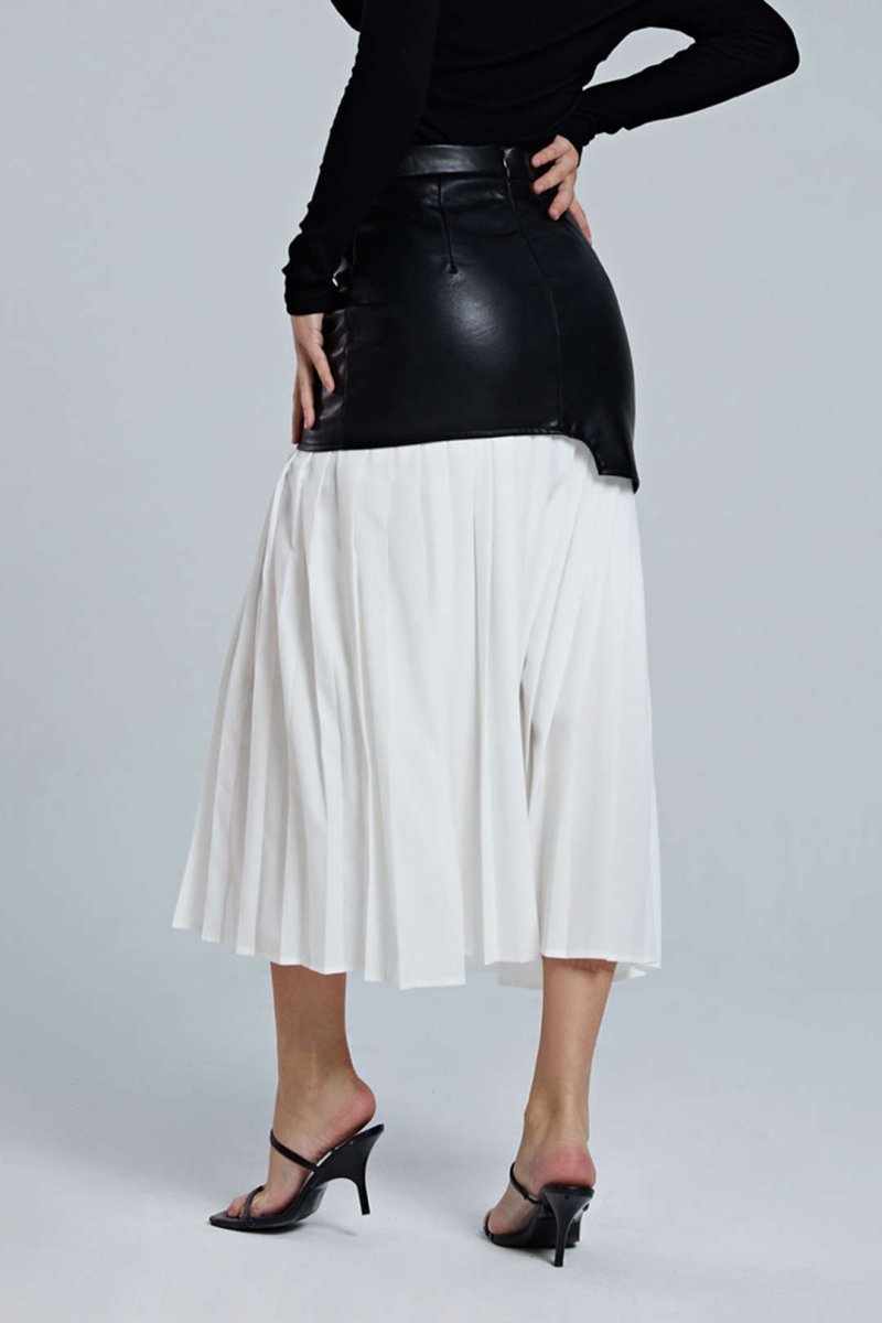 Contrast Pleated Faux Leather Midi Skirt - MISMIMCWBK2211070001-WHITE-XS