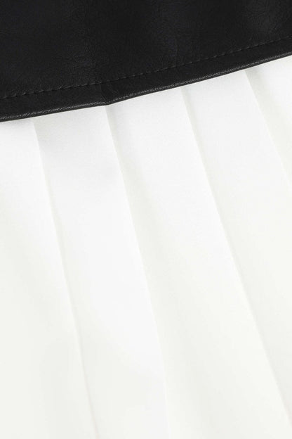 Contrast Pleated Faux Leather Midi Skirt - MISMIMCWBK2211070001-WHITE-XS