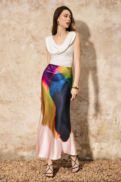 Contrast Print Satin Zipper Skirt - MISMIMCWBK2502080029-MULTICOLOR-XS