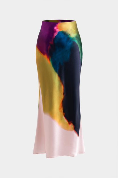 Contrast Print Satin Zipper Skirt - MISMIMCWBK2502080029-MULTICOLOR-XS