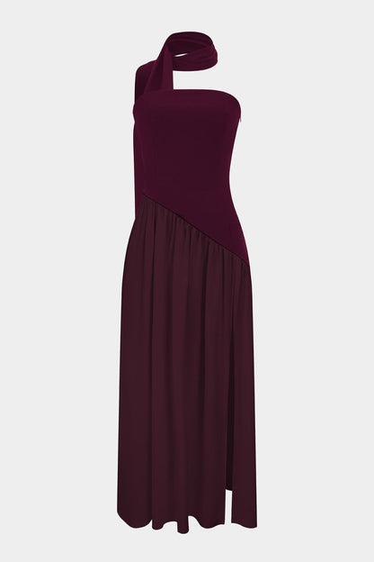 Contrast Satin Ruched Slit Strapless Maxi Dress - MISMIMCWDA2503030067-BURGUNDY-XS