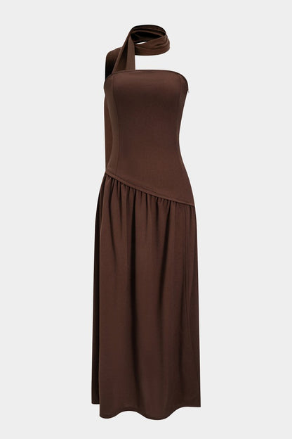 Contrast Satin Ruched Slit Strapless Maxi Dress - MISMIMCWDA2503030067-BROWN-XS