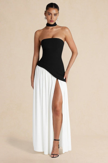 Contrast Satin Ruched Slit Strapless Maxi Dress - MISMIMCWDA2503030067-Contrast Color-XS