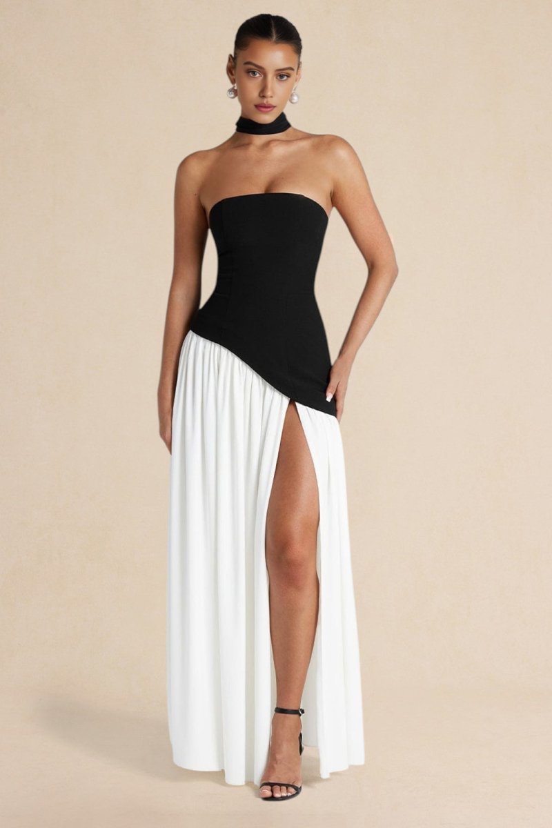 Contrast Satin Ruched Slit Strapless Maxi Dress - MISMIMCWDA2503030067-Contrast Color-XS