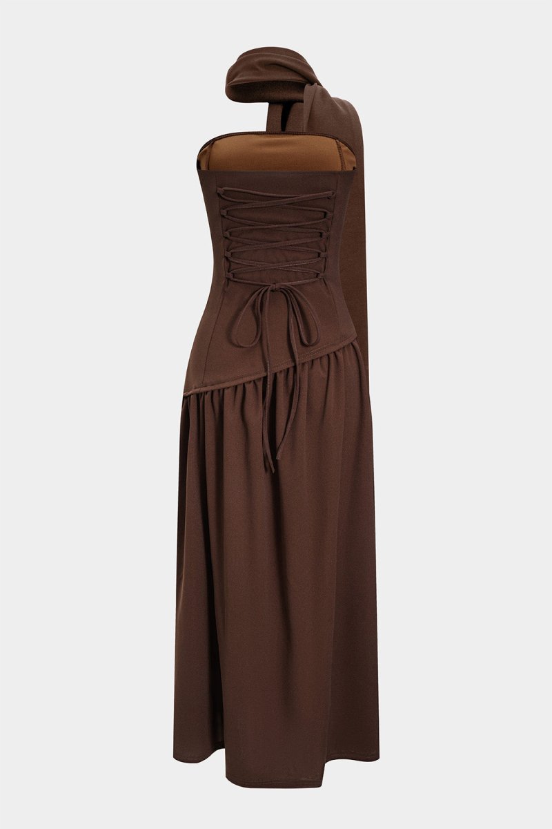 Contrast Satin Ruched Slit Strapless Maxi Dress - MISMIMCWDA2503030067-BROWN-XS