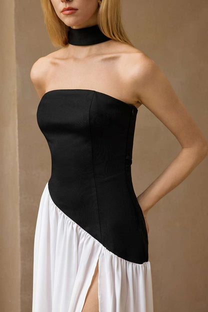 Contrast Satin Ruched Slit Strapless Maxi Dress - MISMIMCWDA2503030067-Contrast Color-XS