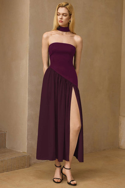 Contrast Satin Ruched Slit Strapless Maxi Dress - MISMIMCWDA2503030067-BURGUNDY-XS