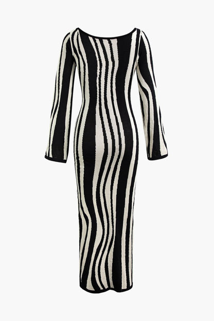Contrast Stripe Round Neck Knit Maxi Dress - MISMIMCWKD2307150114-BLACK-XS