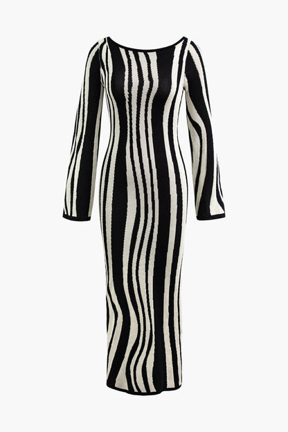Contrast Stripe Round Neck Knit Maxi Dress - MISMIMCWKD2307150114-BLACK-XS