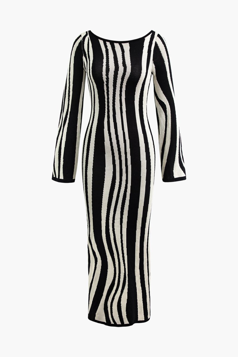 Contrast Stripe Round Neck Knit Maxi Dress - MISMIMCWKD2307150114-BLACK-XS