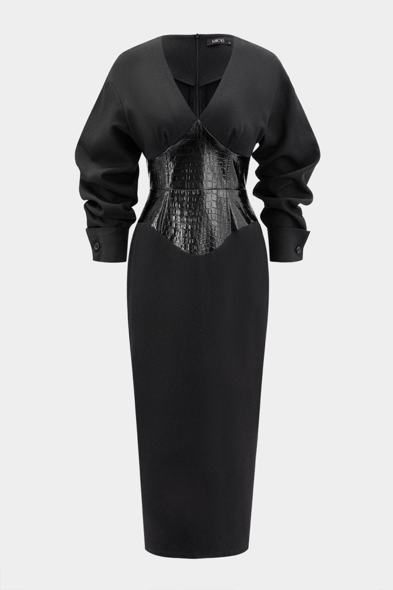 Crocodile Print Faux Leather Patchwork Long Sleeve Maxi Dress - MISMIMCWDC2510140073-BLACK-XS