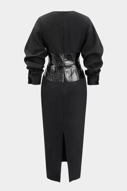 Crocodile Print Faux Leather Patchwork Long Sleeve Maxi Dress - MISMIMCWDC2510140073-BLACK-XS