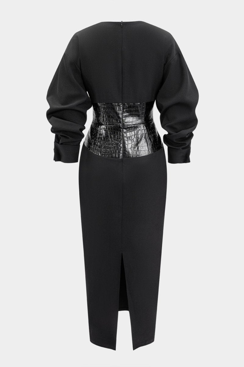 Crocodile Print Faux Leather Patchwork Long Sleeve Maxi Dress - MISMIMCWDC2510140073-BLACK-XS