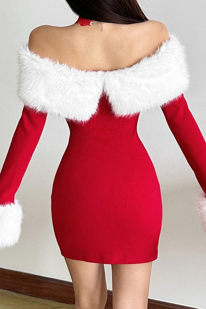 Christmas Color Block Furry Off-Shoulder Fitted Party Dress