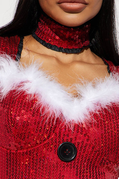 Christmas Sequined Spaghetti Strap Button Waist-Cinched Fuzzy Party Dress