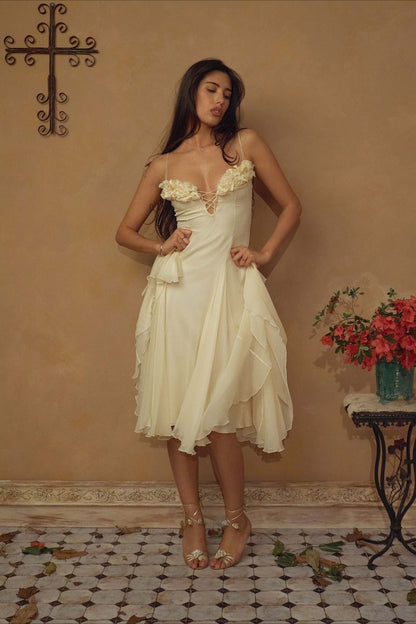 3D Flower Deep V Patchwork Spaghetti Strap Romantic Party Dress